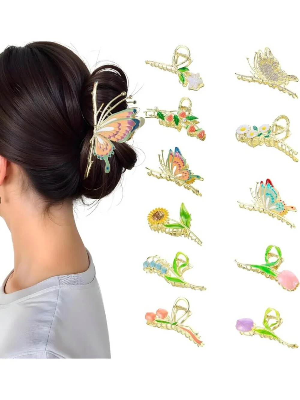 Sparkly Butterfly & Tulip Hair Clips - 11PCS Non-Slip Claw Clips for Thick